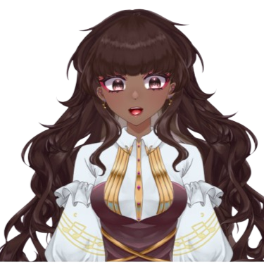 An image of my Vtuber Cee. She has long Brown hair with blunt bangs down her back, wearing a shirt collared long sleeze shirt with yellow music notes and ruffles on the sleeves. She has brown eyes with music notes and music note earrings. She has a brown c