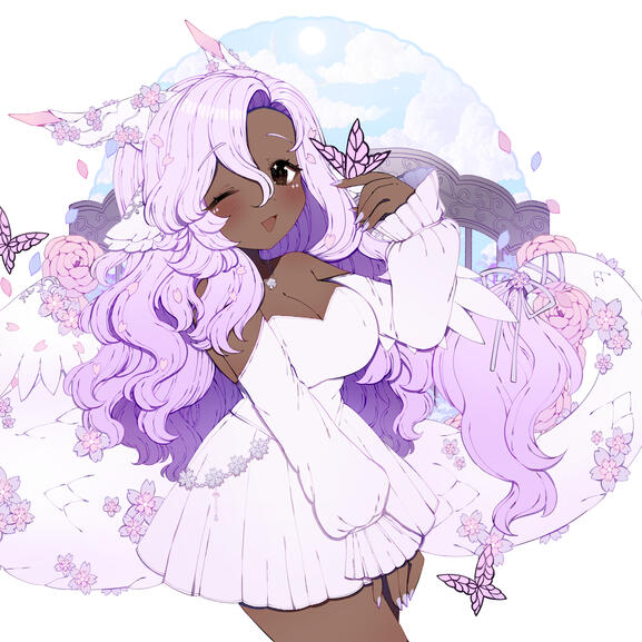 A purple cherry blossom dragon black VTuber holding a butterfly and wearing a purple dress. With wavy purple hair and clouds in the background.