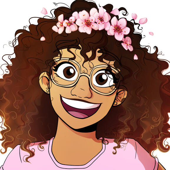 PNG of a curly haired mixed black girl (abbychan_) who is smiling. She is wearing gold earrings, gold glasses, a pink shirt and a pink flower crown.