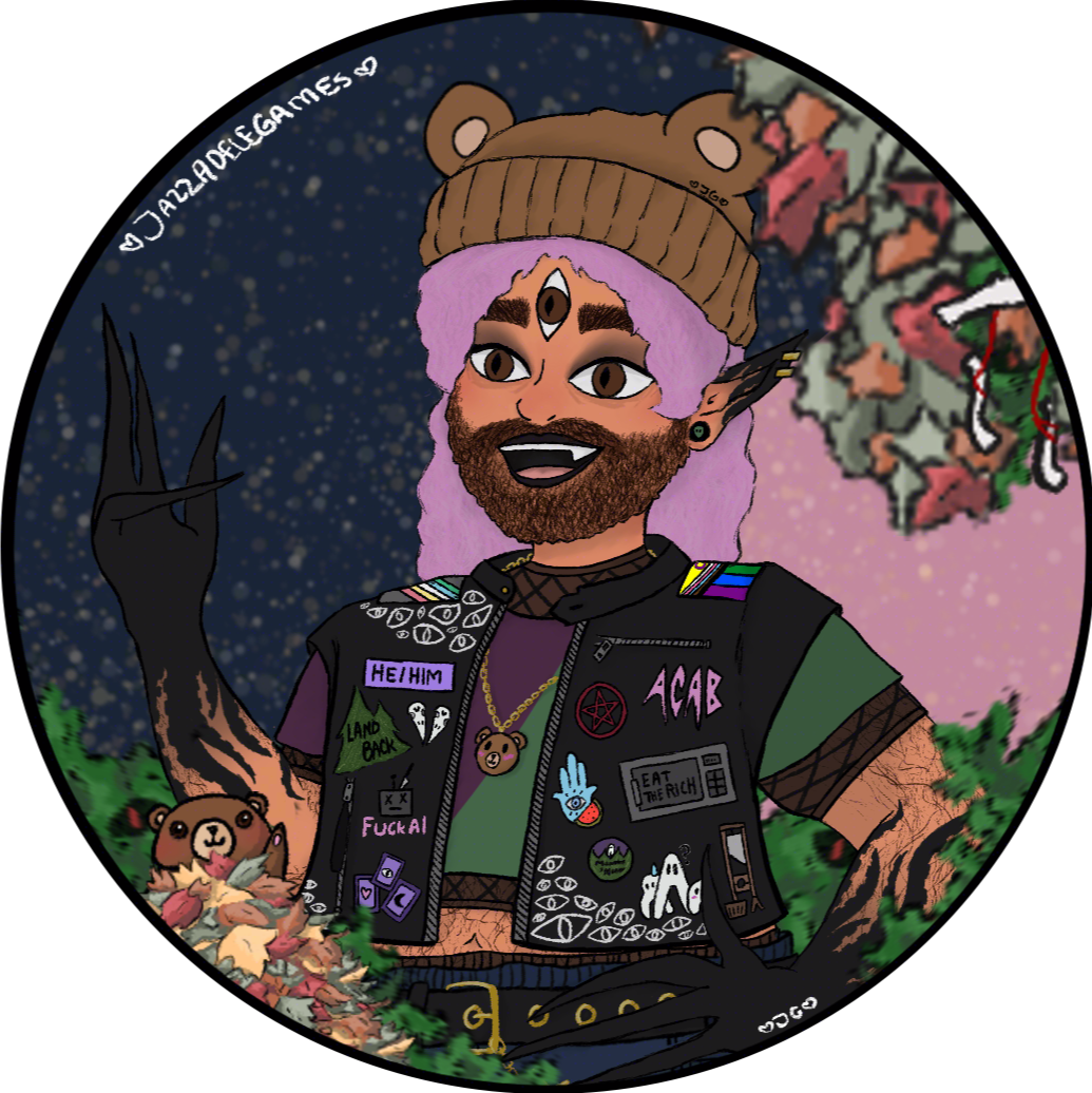 Jazz's PNGtuber. A 26 yo, light skinned brown Arab, fat, bearded transman, w a third eye on his forehead & black tentacle designs up his arm, waving. Wearing a fishnet shirt, a crop top, a punk pleather jacket w social issue badges on it & a bear beanie!