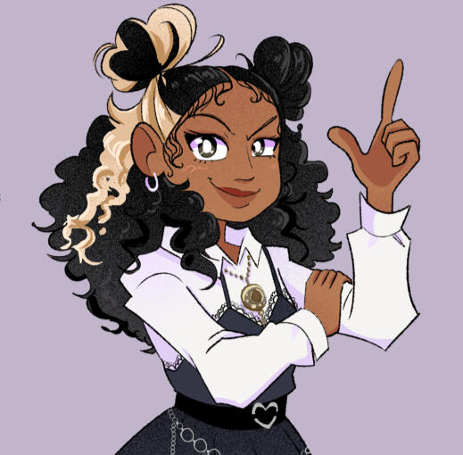 A commissioned half-body digital drawing of my original character named Juno. She has a mischievous smirk and poses with her left arm bent, and hand pointing upward making a finger-gun, while her right arm is grabbing the left bicep. She is brown-skinned,