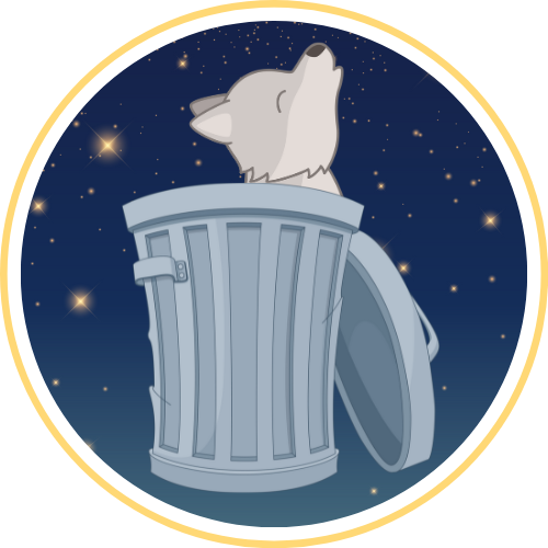 Wolf In Trashcan with stary sky in background. Art by Divinevulpes