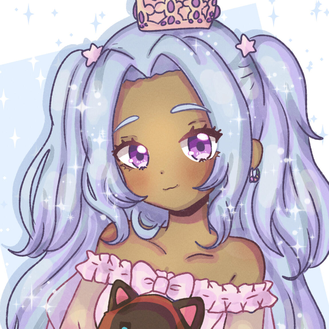 Princess Bluerigard holding their mascot Gil with a sparkly blue background behind them. Art by MomooPiink on Twitter