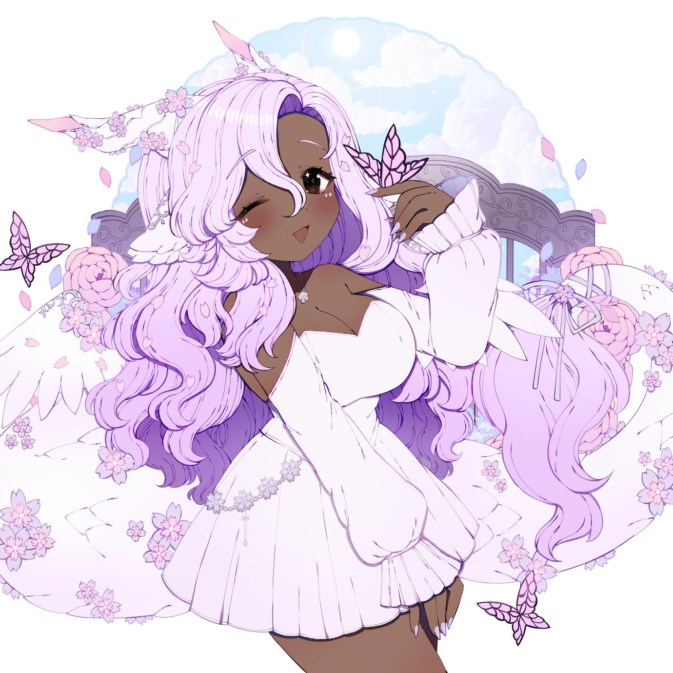 A purple cherry blossom dragon black VTuber holding a butterfly and wearing a purple dress. With wavy purple hair and clouds in the background.