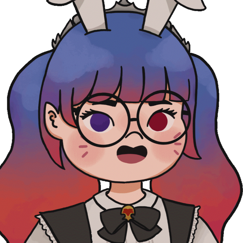 Headshot of Fee's PNG model. They have elf ears, long blue and peach hair, one purple and one cranberry coloured eye, and are wearing a little silver crown, bunny ears, a maid dress, and big round glasses. The character has their mouth open, talking.