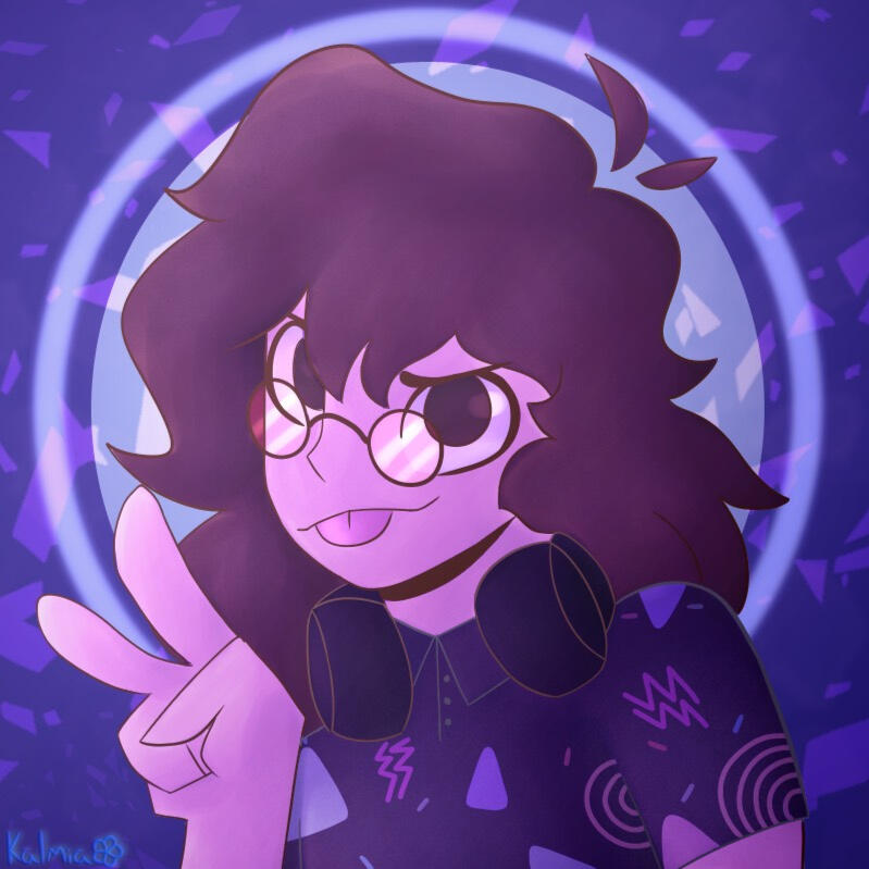Cartoonish-style headshot of Alex, who is white with shoulder-length fluffy brown hair and brown eyes, sticking their tongue out and holding up a peace sign. The art also has a purple tint over it, and is watermarked by Kalmia.