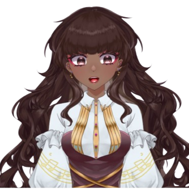 An image of Vtuber Cee. She has long Brown hair with blunt bangs down her back, wearing a shirt collared long sleeze shirt with yellow music notes and ruffles on the sleeves. She has brown eyes with music notes and music note earrings. She has a brown cors