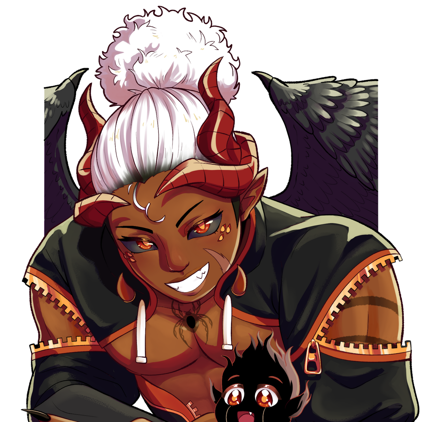 the cursed demon king, Daiméon leaning forward arms crossed on a desk with their familiar/companion a small specter composed of shadows, Shadién peeping its head up from between their arm and chest. Both smiling at the camera