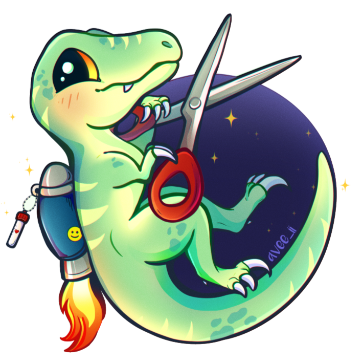 A green raptor with a blue jetpack and oversized pair of scissors flying in a night sky full of stars.