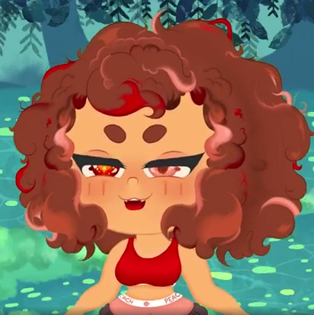 A blushing brunette chibi drawing with 3c curly hair, pink and red highlights, they have circle eyebrows red and pink eyes and low hanging jeans with peach boxers and red sports top. The background are shades of teal and green drawing a painterly/sketchy b