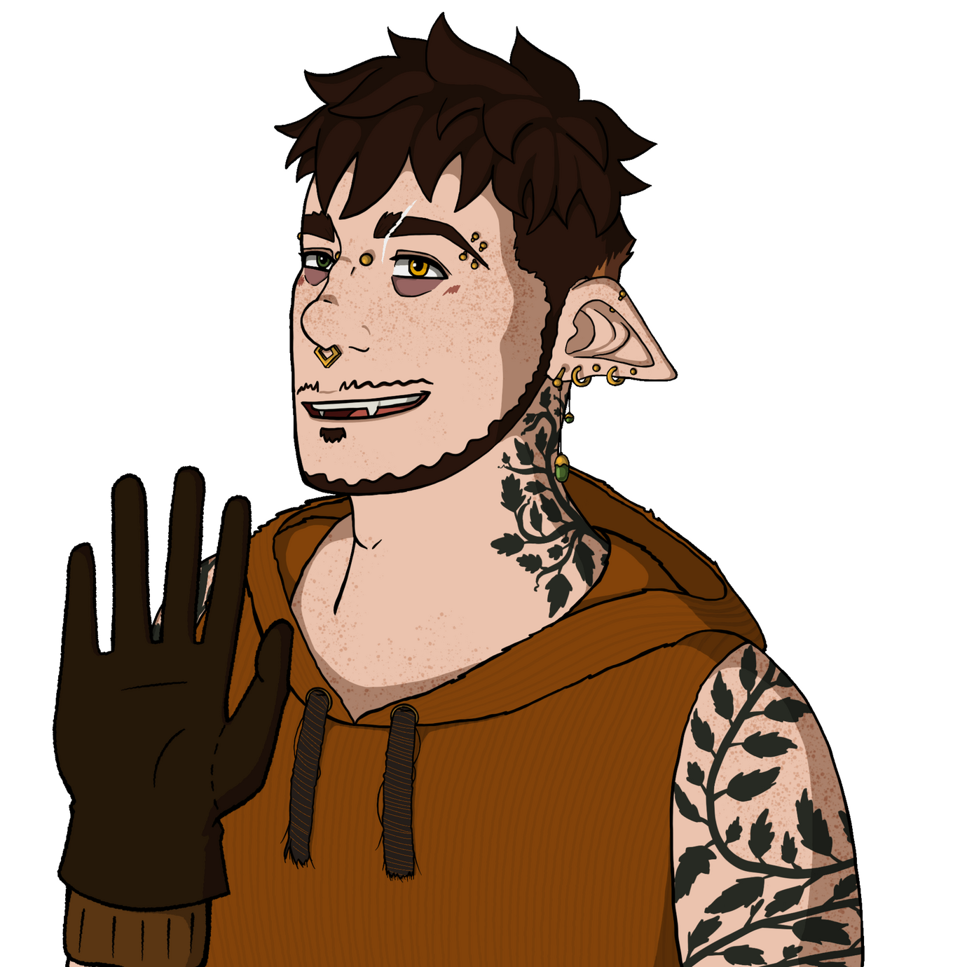 An elf in modern clothing waving at the viewer with a fanged smile. They have ivy tattoos on their arms and neck, short hair, and facial piercings.