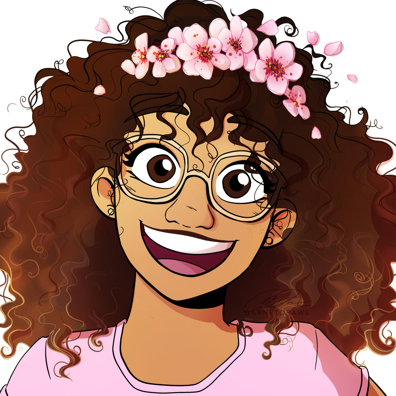 PNG of a curly haired mixed black girl (abbychan_) who is smiling. She is wearing gold earrings, gold glasses, a pink shirt and a pink flower crown.