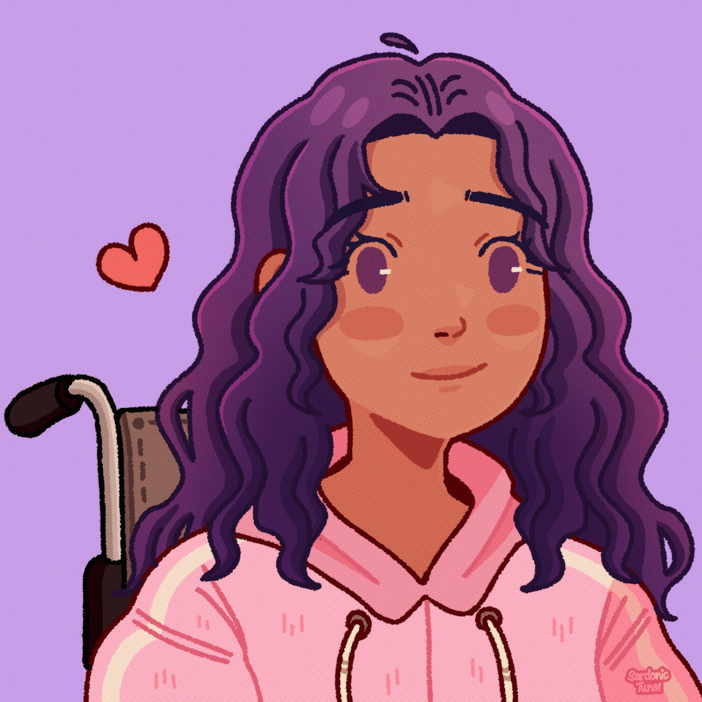 cartoon art of a character with brown skin, purple eyes, and purple hair, wearing a pastel pink hoodie, sitting in a wheelchair