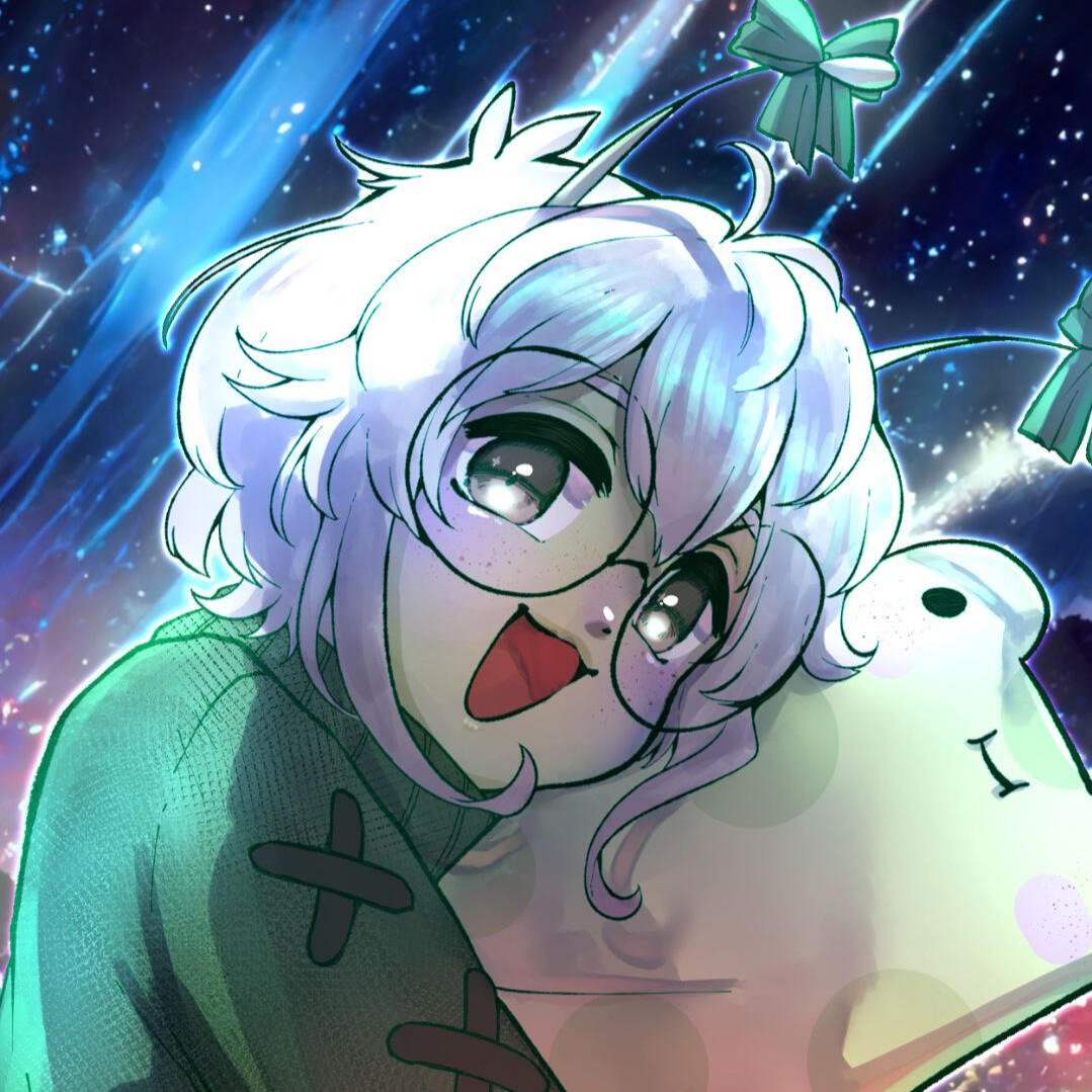 Rhaps has a wide, open mouth smile while they hug onto Pillowforg their sentient frog body pillow companion, who is slightly smiling while most of his body is out of frame. Rhaps has round black glasses, fluffy white hair spiking and curling.