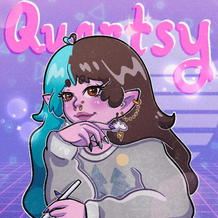 Self portrait logo with text that reads "Quartsy" in the background. Colors include blues, purples and pinks with a soft waporwave noise grain overtop. Portrait shows me with split dyed hair (half brown half teal), fey ears, pink skin, and holding my Apple