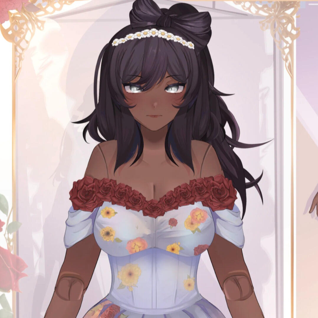 Depicted is a Black ball-jointed doll vtuber with a rosey dress and a hair-bow with a daisy crown. She has gray eyes with cat-like slits.