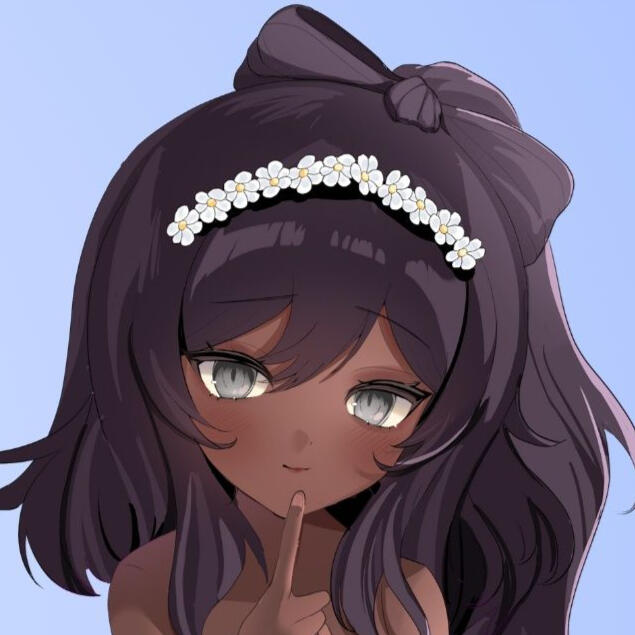 Depicted is a Black ball-jointed doll vtuber with a rosey dress and a hair-bow with a daisy crown. She has gray eyes with cat-like slits.